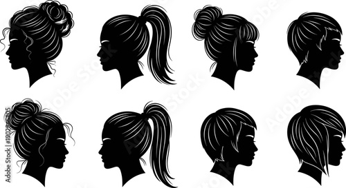 Female hairstyle silhouette profiles collection featuring elegant ponytail bun and short haircuts, black women head icons isolated on white background for beauty fashion and salon design