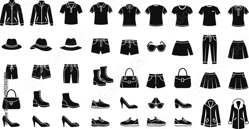 Fashion clothing and accessories silhouettes icon set featuring tops pants skirts shoes bags hats and eyewear, modern apparel vector collection isolated on white background for design use