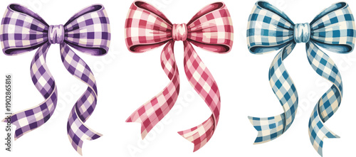 Gingham Check Bow Vector Set in Pastel Colors  Lilac, Pink, and Blue Ribbons