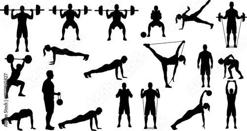 Fitness workout silhouettes collection showing strength training cardio exercises stretching and functional movements, black athlete figures isolated on white background for gym and wellness design