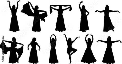 Flamenco dance silhouettes collection featuring expressive female dancers in flowing dresses with dramatic arm movements for Spanish cultural performance vector illustration set isolated