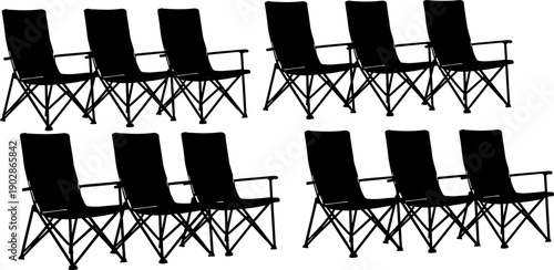 Foldable camping chair silhouette collection showing connected outdoor seating arrangements for camping, events, festivals, travel comfort, leisure activities, furniture design, 