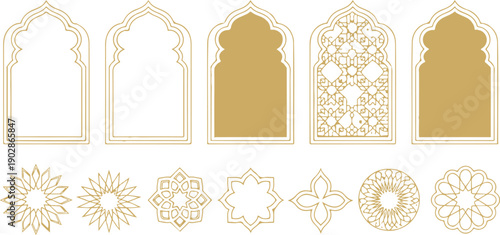 Luxury Islamic Geometric Frame & Arch Illustration Set with Gold Arabesque Patterns