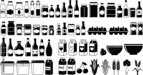 Food packaging containers collection featuring milk cartons, bottles, jars, boxes, eggs, grains, fruits, and bowls in minimal black silhouette vector style for grocery branding design