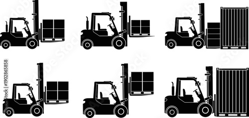 Forklift truck silhouettes collection showing warehouse material handling loading pallets and cargo containers for logistics industrial transport vector illustration set isolated