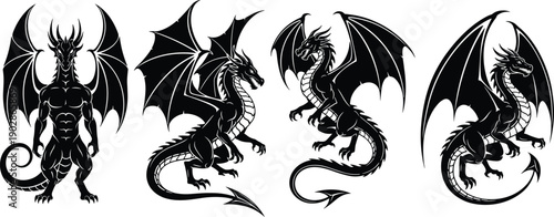 Black dragon silhouette vector set winged fantasy creature poses flying standing mythical beast logo tattoo mascot illustration collection