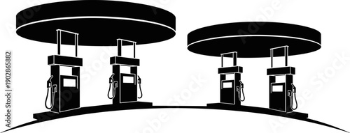 Gas station fuel pump silhouette illustration with double canopy design, petroleum service concept isolated on white background for energy, transportation, and industry graphic use