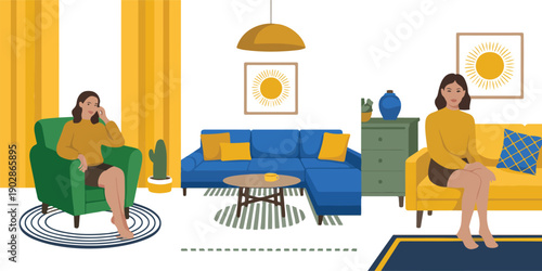 Cozy Living Room Interior Vector Illustration Scenes with Woman Relaxing at Home