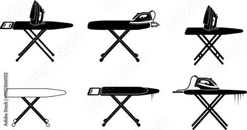 Ironing board and electric iron silhouette collection showing multiple angles and styles for laundry, household appliance concepts, fabric care, domestic chores, and vector illustration design use