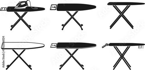 Ironing board and steam iron silhouette collection showing multiple board styles for laundry, household appliance design, fabric care concepts, domestic cleaning, and vector illustration use