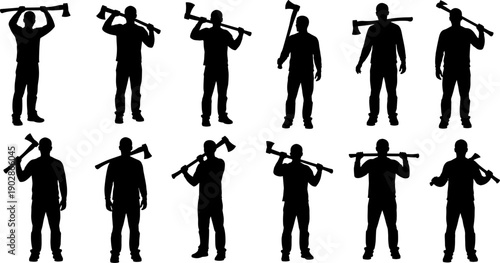 Lumberjack and forestry worker silhouettes set featuring men holding axes in different poses representing logging outdoor labor industry vector illustration collection