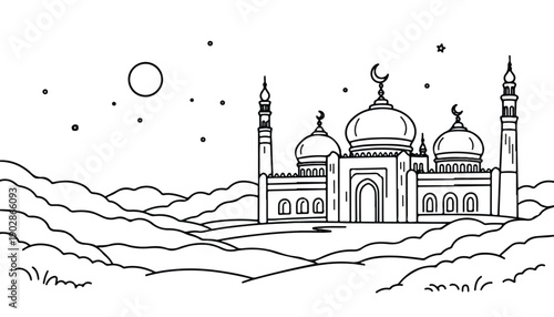 A serene illustration of a mosque at night.