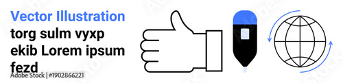 Approval, global communication, technology use, digital interaction, worldwide networking, positive feedback. A thumbs-up hand, an electronic gadget and a globe with arrows. Approval and global