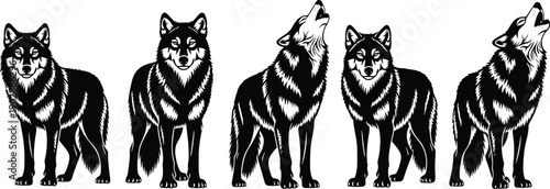 Black wolf silhouettes collection standing howling wild animal predator forest wildlife nature vector illustration pack isolated design elements
