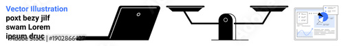 Technology, data analysis, decision-making, balance, justice, business. Set includes laptop, scales and graphical data elements. Technology and data analysis concept