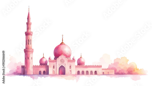 A beautiful pink mosque with minarets.