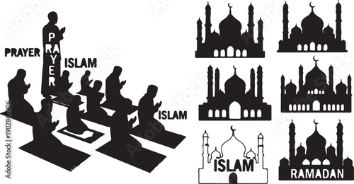 Muslim family enjoying iftar meal during ramadan night, elegant silhouette illustration with mosque, lanterns and crescent moon, symbolizing faith, togetherness and islamic celebration