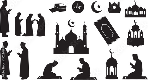 Islamic Ramadan Timing Icon Set Illustrating Mosque Silhouettes, Sunrises for Suhoor, and Crescent Moon Prayer Symbols