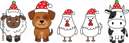 Cute farm animal Christmas characters wearing Santa hats, sheep dog chickens cow cartoon holiday festive vector illustration set