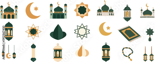 Ramadan Kareem Big Bundle Islamic Icon Set with Mosque Lantern Prayer Mat and Tasbih Vector Illustration