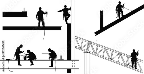 Industrial steel construction workers silhouettes welding assembling beams on structure, safety harness, fabrication site, engineering teamwork vector illustration design concept