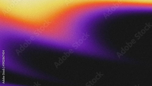 A vibrant, grainy abstract background featuring a smooth gradient of vivid purple, warm orange, bright yellow, and deep black, layered with analog film noise.