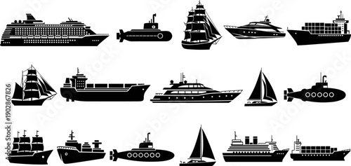 Marine vessels and ships silhouette set including cruise liner cargo ship submarine yacht sailboat and classic sailing ship in black vector illustration isolated on white