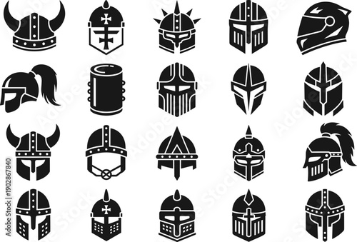 Medieval helmet and warrior headgear silhouettes collection featuring knight viking crusader and fantasy armor designs for game logo historical vector illustration set