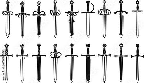 Medieval sword and dagger silhouettes collection featuring fantasy knight blades ceremonial weapons and historical steel designs for heraldry game logo vector illustration set