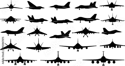 Military aircraft silhouette collection showing fighter jets and bombers in multiple views, combat aviation set isolated on white background for defense and aerospace illustration use