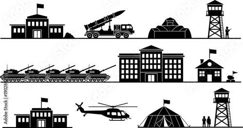 Military base and army installation silhouettes featuring tanks missile launchers helicopters watchtowers barracks and command buildings for defense security vector illustration set