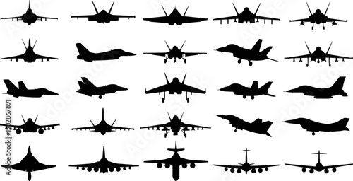Military fighter jet silhouette collection showing multiple aircraft angles and views, modern combat airplanes set for aviation, defense, vector illustration, and aerospace design use