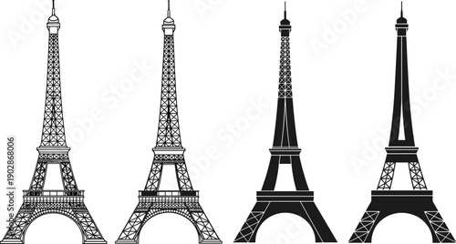 Multiple Eiffel Tower silhouette styles vector illustration showing Paris landmark architecture, France travel monument icons, minimalist black designs ideal for tourism, culture, and city projects