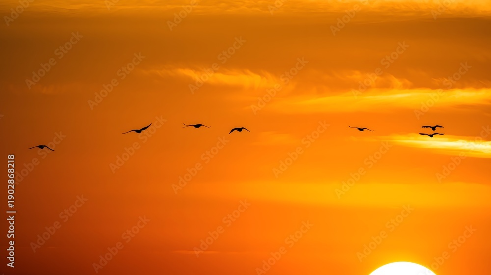 Fototapeta premium Flock of birds flying at sunset over glowing orange sky, dramatic silhouettes in peaceful evening scene with copy space background