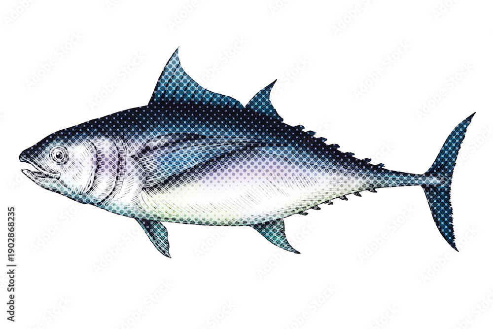 Obraz premium Hand drawn tuna fish with a face halftone style sticker overlay with a white border