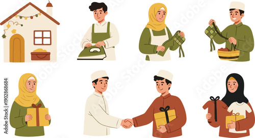 Ramadan and Eid Mubarak Character Set with People Preparing Food, Giving Gifts, Arabic Lantern, Dates, and Islamic Celebration Elements