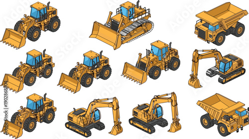 Construction heavy equipment set with excavators bulldozers loaders dump trucks and machinery vehicles vector illustration isolated collection
