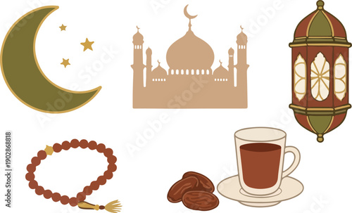 Islamic Ramadan Kareem Element Set with Mosque Silhouette, Arabic Lantern, Prayer Beads, Dates Fruit, and Crescent Moon