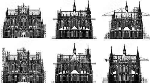 Gothic cathedral restoration vector set with scaffolding cranes construction stages, historic church facade silhouettes detailed architectural line art