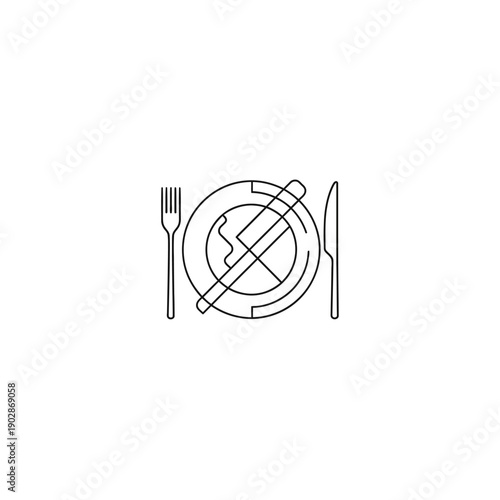 Simple Line Art Icon of a Plate with Crossed Utensils.