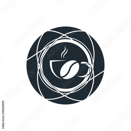 Coffee cup with bean logo in a circular design.