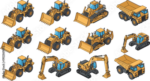Heavy construction machinery vehicles set with excavators loaders bulldozers dump trucks earthmoving equipment industrial vector illustration collection isolated