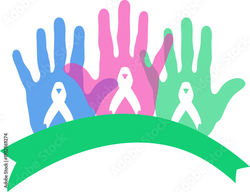 Rare disease day illustration with earth globe, awareness ribbon, and supporting hands. Vector isolated.