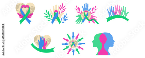 Set of rare disease day illustration with earth globe, awareness ribbon, and supporting hands. Vector isolated.