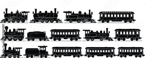 Vintage steam train locomotive silhouettes set with railway engines passenger wagons freight cars retro transport vector illustration collection