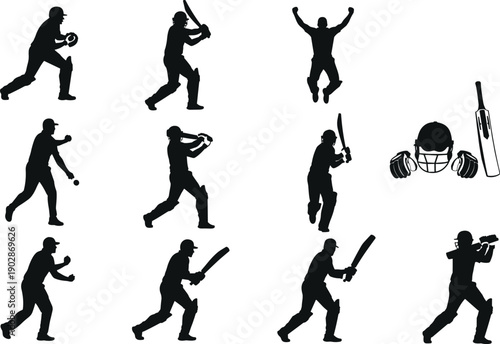 Cricket players silhouettes set, professional batsman hitting ball, bowler action, fielder stance, celebration poses, sports equipment gear icons for athletic competition design and branding, vector.