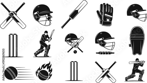 Cricket sport silhouettes vector illustration set, bats helmets gloves pads stumps balls and players icons, black athletic equipment collection for match, training, branding design
