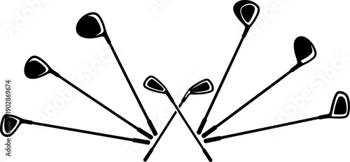 Crossed golf clubs silhouette vector illustration, modern sports equipment design, black and white minimal style for golf branding, logos, posters, and print projects