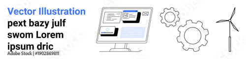 Renewable energy, sustainability, technology advancement, industrial process, identity management, innovation. Computer screen with gears and a wind turbine. Technology and sustainability concept