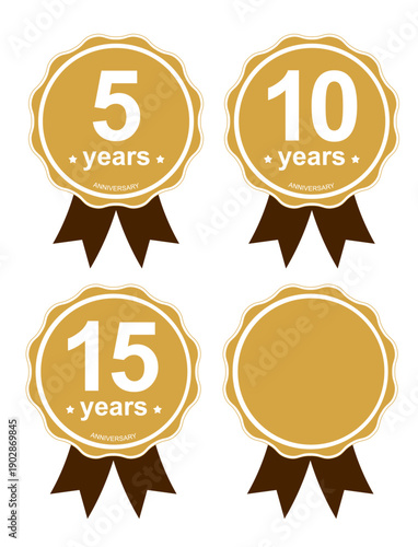 5年・10年・15年の周年記念ゴールドバッジセット｜アニバーサリー,メダル,リボン,年数